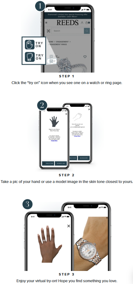 reeds-screenshot-how-to-use-ar-button-try-on-online 3 images from the Reeds website explaning how to use the virtual try-on for rings and watches